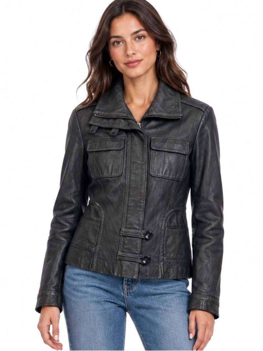 Danier Black Leather Utility Jacket S Zip Front Flap Pockets Tailored Moto